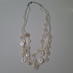 White Round Shell Sead Bead Iridescent Sequin Multi-Layered Layered Necklace